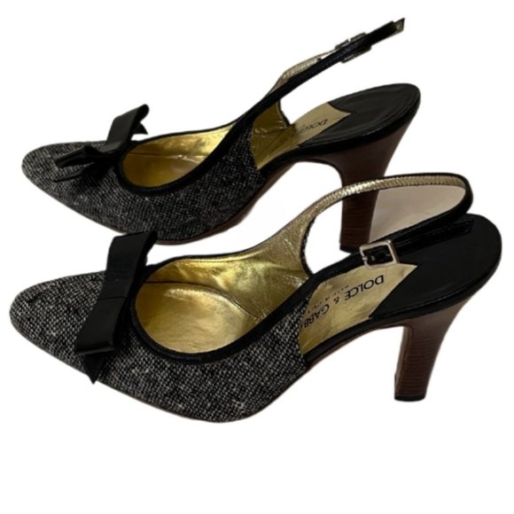 Dolce & Gabbana Black & Gray Tweed Slingback Heels Black Bow Wooden Heels Size 6 - Picture 5 of 13